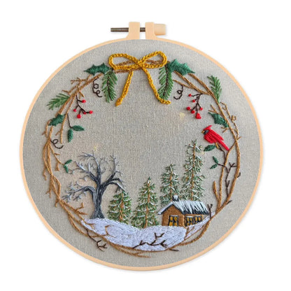 Embroidery Kit - Winter Cabin Wreath
