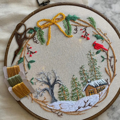Embroidery Kit - Winter Cabin Wreath