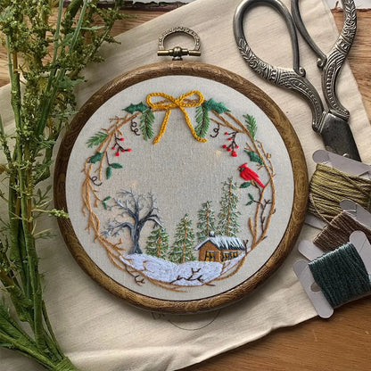 Embroidery Kit - Winter Cabin Wreath