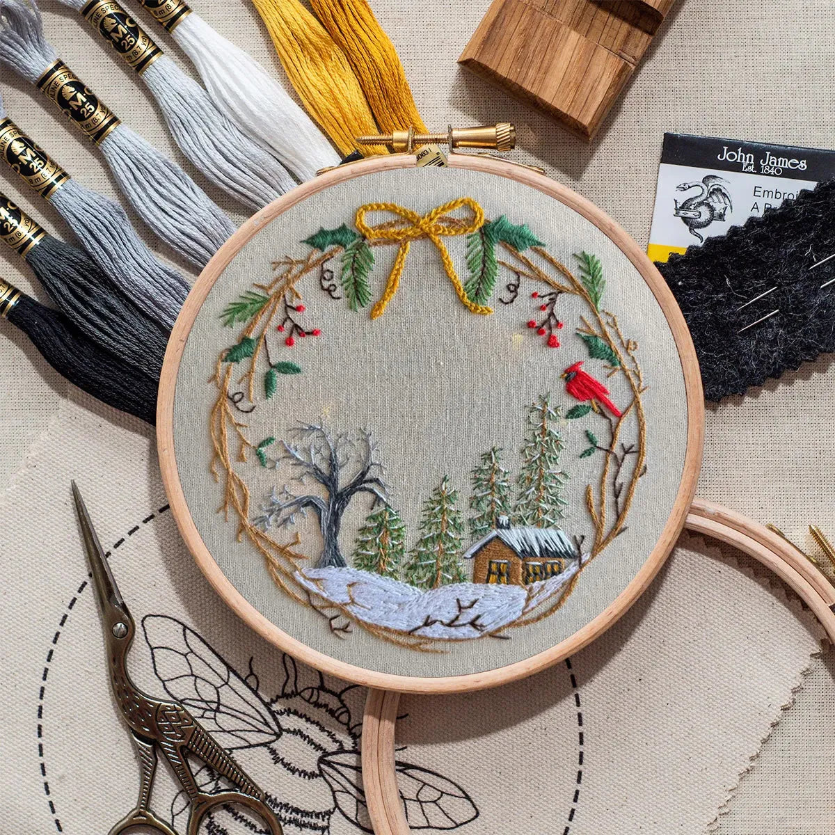 Embroidery Kit - Winter Cabin Wreath