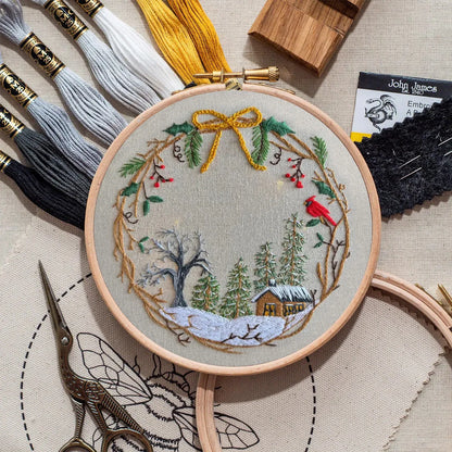 Embroidery Kit - Winter Cabin Wreath