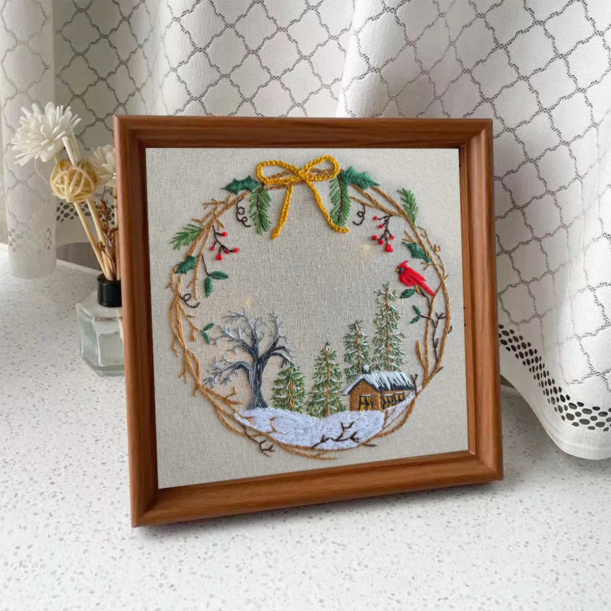 Embroidery Kit - Winter Cabin Wreath