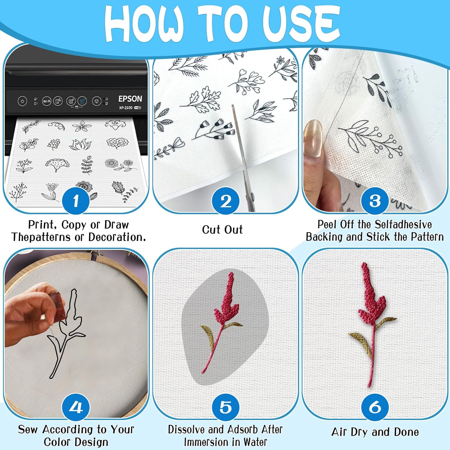 Water Soluble Sheets for Embroidery with Peel-off Backing (5 sheets)