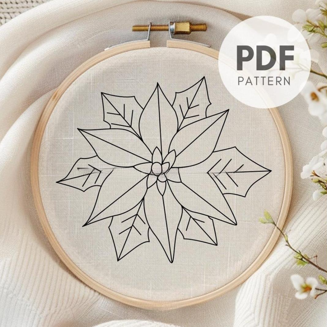 Simple Poinsettia Hand Embroidery Pattern PDF